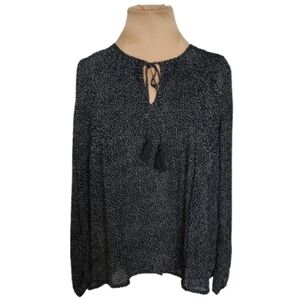 DR2 Women's XS Relaxed Black Ditsy Dots Plissé Chiffon‎ Blouse
